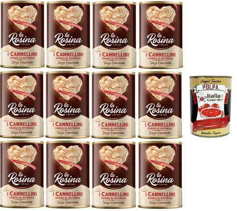 Italian Gourmet E.R. Hülsenfrüchte & Bohnen La Rosina Fagioli Cannellini al Naturale Natürliche Cannellini-Bohnen, Hülsenfrüchte in 12 Dosen à 400 g + Italian Gourmet polpa 400g 8032804040014