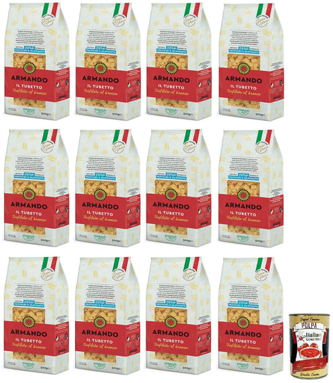 Italian Gourmet E.R. Internationale Nudeln 12x Armando Il Tubetto,Bronzegezogene Nudeln,100% Italienische Pasta 500g + Italian Gourmet Polpa di Pomodoro 400g Dose 8005709204485