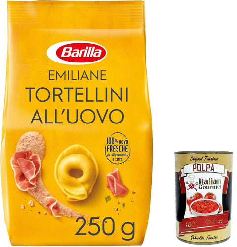 Italian Gourmet E.R. Internationale Nudeln 12x Barilla Pasta all' Uovo Le Emiliane Tortellini con Prosciutto Crudo , Eiernudeln, Pasta mit Ei 250g + Italian Gourmet polpa 400g 8076809515092