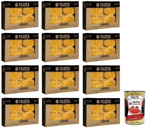 Italian Gourmet E.R. Internationale Nudeln 12x Filotea Linguine Pasta all'Uovo,Eierlinguine,Eiernudeln aus italienischen Rohstoffen,Packung mit 500g + Italian Gourmet Polpa di Pomodoro 400g Dose 8032993000752