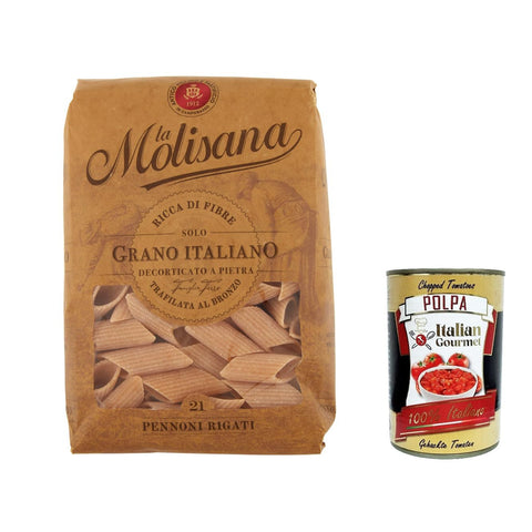 Italian Gourmet Pasta La Molisana Pennoni Rigati n.21 Integrale Vollkornnudeln Kurze Nudeln, NUR italienischer Weizen 12x 500g inkl. Italian Gourmet P0lpa 400g Original italienisch