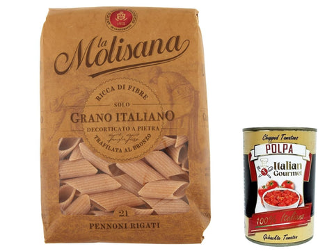 Italian Gourmet E.R. Internationale Nudeln 12x Pasta La Molisana Pennoni Rigati n.21 Integrale Vollkornnudeln Kurze Nudeln, NUR italienischer Weizen - 500g + Italian Gourmet P0lpa 400g 8004690612125