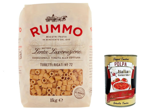 Italian Gourmet E.R. Internationale Nudeln 4x Rummo Tubetti rigati N. 72 Hartweizengrieß Pasta Italienische Nudeln 1kg Packung + Italian Gourmet Polpa di Pomodoro 400g Dose 8008343230728
