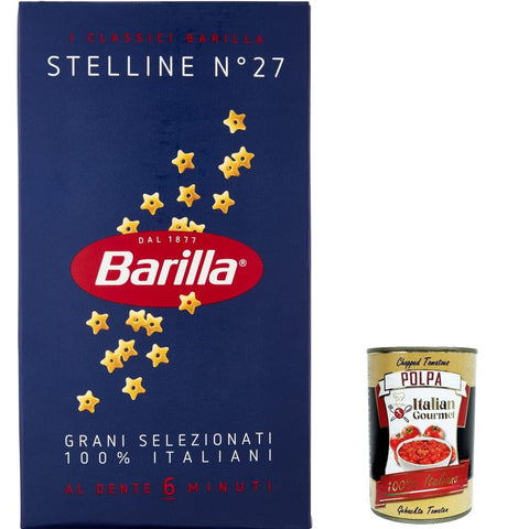 Barilla Stelline n° 27, Pasta 100% italienisch Nudeln aus Hartweizengrieß 500g Packung 5x Original italienisch inkl. Italian Gourmet Polpa di Pomodoro 400g Dose