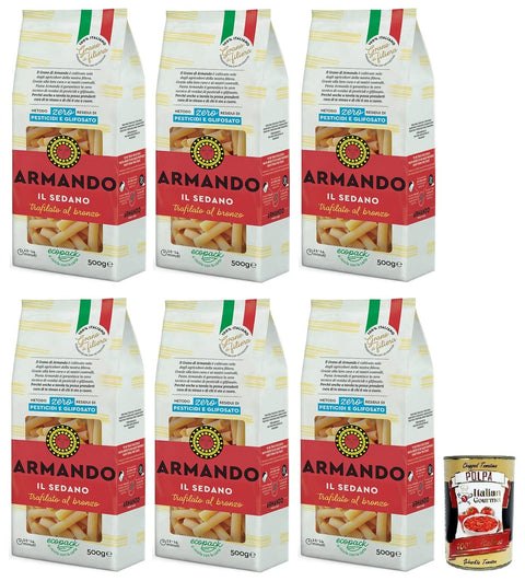 Italian Gourmet E.R. Internationale Nudeln 6x Armando Il Sedano,Bronzegezogene Nudeln,100% Italienische Pasta 500g + Italian Gourmet Polpa di Pomodoro 400g Dose 8005709204584