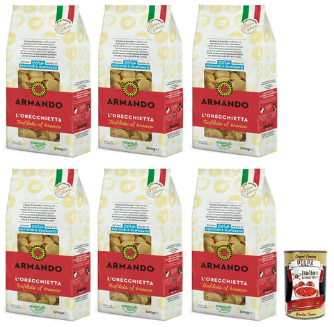 Italian Gourmet E.R. Internationale Nudeln 6x Armando L'Orecchietta,Bronzegezogene Nudeln,100% Italienische Pasta 500g + Italian Gourmet Polpa di Pomodoro 400g Dose 8005709201156