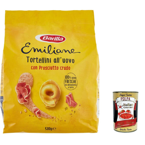 Barilla Pasta all' Uovo Le Emiliane Tortellini con Prosciutto Crudo, Eiernudeln, Pasta mit Ei 500g 6x Original italienisch inkl. Italian Gourmet Polpa 400g