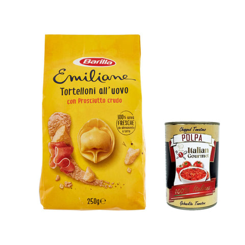 Barilla Pasta all' Uovo Le Emiliane Tortelloni con Prosciutto Crudo, Eiernudeln, Pasta mit Ei 250g 6x Original italienisch inkl. Italian Gourmet Polpa 400g