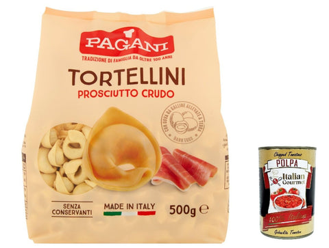 Pagani Pasta all' Uovo Tortellini con Prosciutto Crudo, Eiernudeln mit Parma ham, Pasta mit Ei 500g 6x Original italienisch inkl. Italian Gourmet Polpa 400g