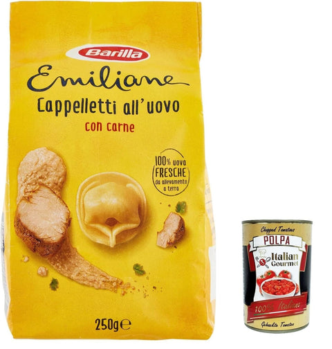 Pasta Le Emiliane Cappelletti alla Carne, Pasta -Eiernudeln mit 100% frischen italienischen Eiern, ideal in Brühe oder Sauce, 250 g 6x Original italienisch inkl. Italian Gourmet Polpa 400g