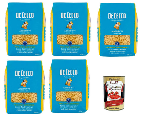 Italian Gourmet E.R. Internationale Nudeln De Cecco Anellini N°71, 100% Italienisch Pasta Nudeln 5x 500g + Italian Gourmet Polpa 400g 8032804040014