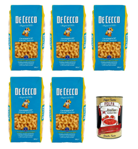Italian Gourmet E.R. Internationale Nudeln De Cecco Cavatappi N°87, 100% Italienisch Pasta Nudeln 5x 500g + Italian Gourmet Polpa 400g 8032804040014