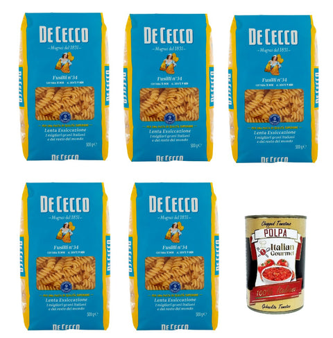 Italian Gourmet E.R. Internationale Nudeln De Cecco Fusilli N°34, 100% Italienisch Pasta Nudeln 5x 500g + Italian Gourmet Polpa 400g 8032804040014