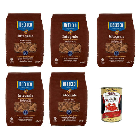 De Cecco Integrale Farfalle N° 93, Pasta integrale, Vollkornnudeln, 5x 500g Original italienisch inkl. Italian Gourmet Polpa 400g