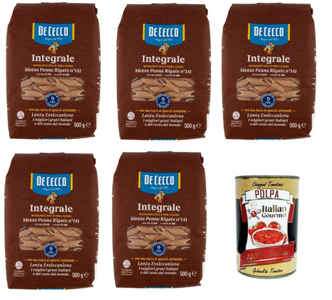 Italian Gourmet E.R. Internationale Nudeln De Cecco Integrale Mezze Penne Rigate N° 141, Pasta integrale, Vollkornnudeln, 5x 500g + Italian Gourmet polpa 400g 8032804040014