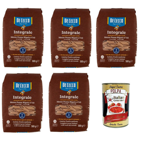 DE CECCO Integrale Mezze Penne Rigate N° 141, Pasta integrale, Vollkornnudeln, 5x 500g Original italienisch inkl. Italian Gourmet Polpa 400g