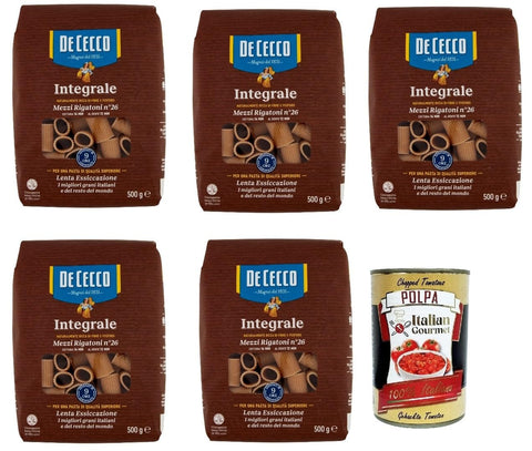 Italian Gourmet E.R. Internationale Nudeln De Cecco Integrale Mezzi Rigatoni N° 26, Pasta integrale, Vollkornnudeln, 5x 500g + Italian Gourmet polpa 400g 8032804040014