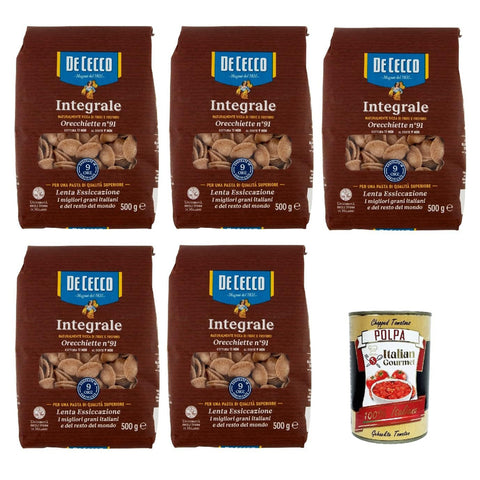 De Cecco Integrale Orecchiette N° 91, Pasta integrale, Vollkornnudeln 5x 500g inkl. Italian Gourmet polpa 400g Original italienisch