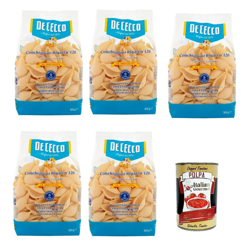 De Cecco Le Specialità Conchiglioni Rigati N°126, 100% Italienisch Pasta Nudeln 5x 500g Original italienisch inkl. Italian Gourmet Polpa 400g