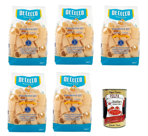 Italian Gourmet E.R. Internationale Nudeln De Cecco Le Specialità Paccheri N°125, 100% Italienisch Pasta Nudeln 5x 500g + Italian Gourmet Polpa 400g 8032804040014
