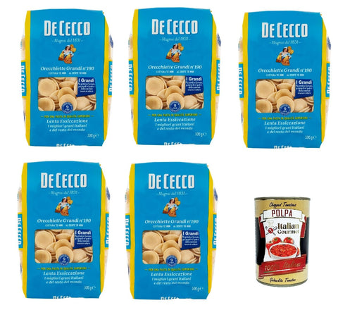 Italian Gourmet E.R. Internationale Nudeln De Cecco Orecchiette Grandi n°190 100% Italienisch Pasta Nudeln 5x 500g + Italian Gourmet Polpa 400g 8032804040014