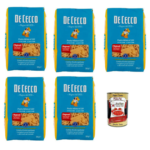 DE CECCO Pasta Mista N°120 100% Italienisch Pasta Nudeln 5x 500g Original italienisch inkl. Italian Gourmet Polpa 400g