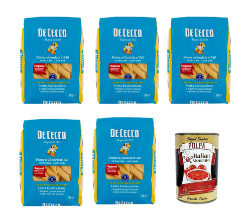 Italian Gourmet E.R. Internationale Nudeln De Cecco Penne a Candela N°340, 100% Italienisch Pasta Nudeln 5x 500g + Italian Gourmet Polpa 400g 8032804040014