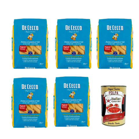 DE CECCO Penne a Candela N°340, 100% Italienisch Pasta Nudeln 5x 500g Original italienisch inkl. Italian Gourmet Polpa 400g
