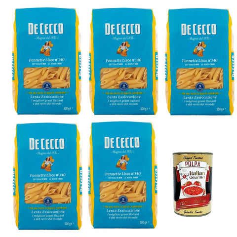 DE CECCO Pennette Lisce N°140 100% Italienisch Pasta Nudeln 5x 500g Original italienisch inkl. Italian Gourmet Polpa 400g