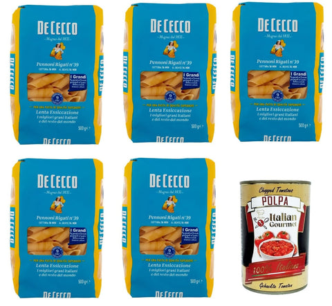 Italian Gourmet E.R. Internationale Nudeln De Cecco Pennoni Rigati N°39, 100% Italienisch Pasta Nudeln 5x 500g + Italian Gourmet Polpa 400g 8032804040014