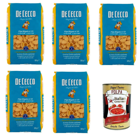 Italian Gourmet E.R. Internationale Nudeln De Cecco Pipe Rigate N°49, 100% Italienisch Pasta Nudeln 5x 500g + Italian Gourmet Polpa 400g 8032804040014