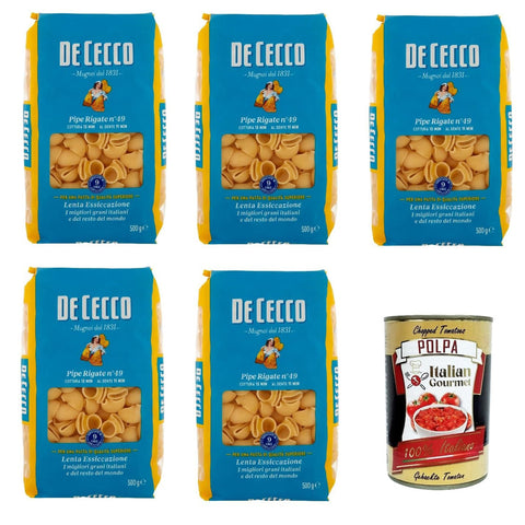 De Cecco Pipe Rigate N°49, 100% Pasta Nudeln 5x 500g inkl. Italian Gourmet Polpa 400g Original italienisch