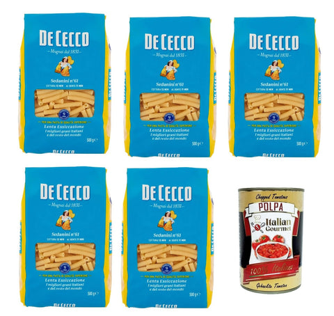 Italian Gourmet E.R. Internationale Nudeln De Cecco Sedanini N°61, 100% Italienisch Pasta Nudeln 5x 500g + Italian Gourmet Polpa 400g 8032804040014