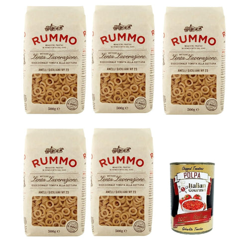 Italian Gourmet E.R. Internationale Nudeln Rummo Anelli Siciliani n° 23 Pasta Lenta Lavorazione Teigwaren aus Hartweizengrieß Bronze-Zeichnung 5x 500g + Italian Gourmet polpa 400g 8032804040014