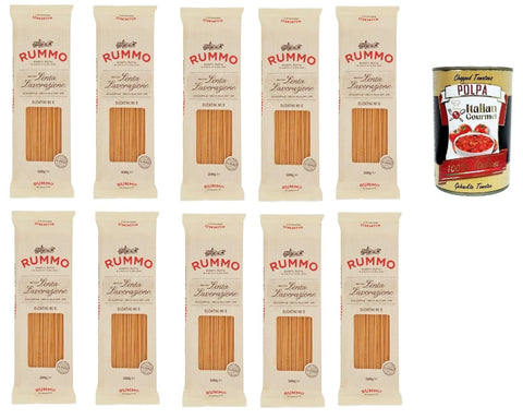 Italian Gourmet E.R. Internationale Nudeln Rummo Bucatini n° 6 Pasta Lenta Lavorazione Teigwaren aus Hartweizengrieß Bronze-Zeichnung 10x 500g + Italian Gourmet polpa 400g 8032804040014