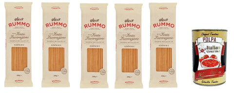 Italian Gourmet E.R. Internationale Nudeln Rummo Bucatini n° 6 Pasta Lenta Lavorazione Teigwaren aus Hartweizengrieß Bronze-Zeichnung 5x 500g + Italian Gourmet polpa 400g 8032804040014
