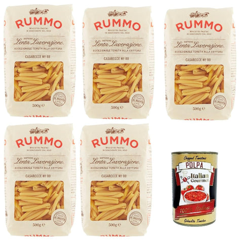 Italian Gourmet E.R. Internationale Nudeln Rummo Casarecce n° 88 Pasta Lenta Lavorazione Teigwaren aus Hartweizengrieß Bronze-Zeichnung 5x 500g + Italian Gourmet polpa 400g 8032804040014