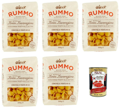 Italian Gourmet E.R. Internationale Nudeln Rummo Conchiglie Rigate N° 42 Pasta Lenta Lavorazione Teigwaren aus Hartweizengrieß Bronze-Zeichnung 5x 500g + Italian Gourmet polpa 400g 8032804040014