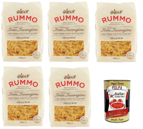 Italian Gourmet E.R. Internationale Nudeln Rummo Farfalle n° 85 Pasta Lenta Lavorazione Teigwaren aus Hartweizengrieß Bronze-Zeichnung 5x 500g + Italian Gourmet polpa 400g 8032804040014