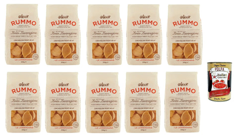 Italian Gourmet E.R. Internationale Nudeln Rummo Le Leggendarie Conchiglioni Rigati № 147 Pasta Lenta Lavorazione Teigwaren aus Hartweizengrieß Bronze-Zeichnung 10x 500g + Italian Gourmet polpa 400g 8032804040014