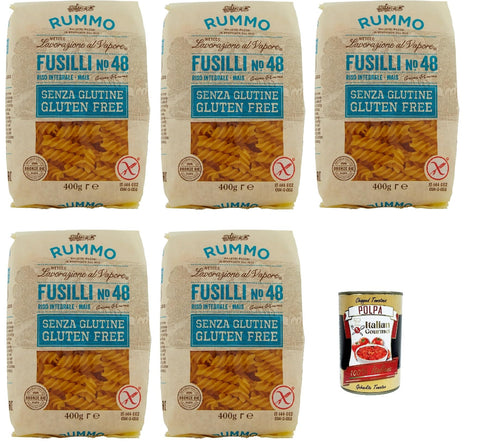 Italian Gourmet E.R. Internationale Nudeln Rummo Pasta Fusilli N° 48 senza Glutine, gluten free, 100% italienische Pasta nudeln glutenfrei 5x 400g + Italian Gourmet polpa 400g 8032804040014