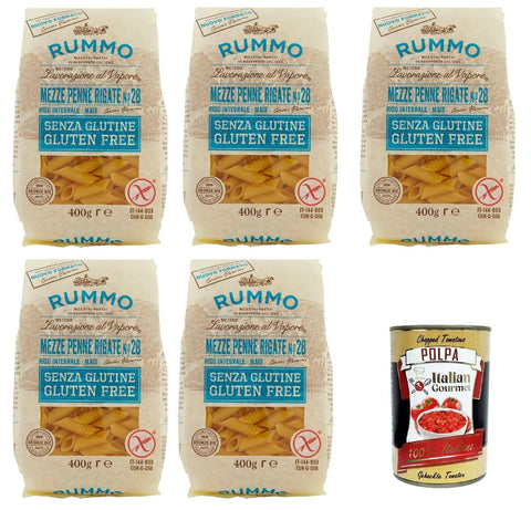 Italian Gourmet E.R. Internationale Nudeln Rummo Pasta Mezze Penne Rigate N° 28 senza Glutine, gluten free, 100% italienische Pasta nudeln glutenfrei 5x 400g + Italian Gourmet polpa 400g 8032804040014