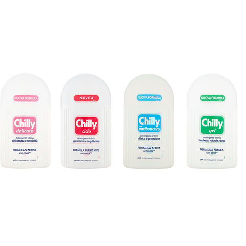 Chilly Testpaket 4x 200ml Intimate Cleanser Reiniger für die Intimhygiene mit Anti-Geruchs-Molekül - Sanfte und beruhigende Formel - PH 5, 200 ml Original italienisch inkl. Italian Gourmet Polpa