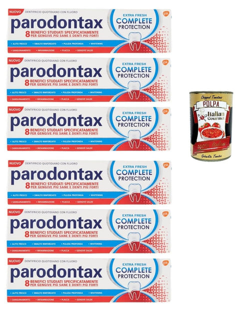 Dentifricio Complete Protection Extra Fresh, Zahnpasta für gesundes Zahnfleisch und starke Zähne 6x 75ml inkl. Italian Gourmet polpa 400g Original italienisch