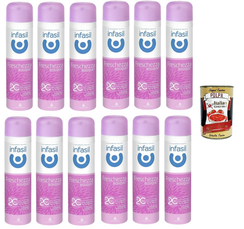 Italian Gourmet E.R. Intime Pflege & Hygiene Infasil Lufterfrischer-Spray mit Molekül 2C, ohne Alkohol, wirksam bis zu 24 Stunden, Blumenduft, Deo 12x 150 ml + Italian Gourmet polpa 400g 8032804040014