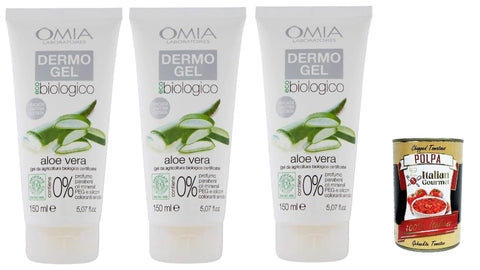 Italian Gourmet E.R. Intime Pflege & Hygiene Omia Dermogel Lenitivo, Creme fur Gesicht und Körper mit Aloe,Ausgezeichnet für empfindliche, rot und gereizte Haut, 3x 150 ml + Italian Gourmet polpa 400g 8032804040014