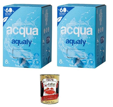 AQUALY Acqua Naturale in BOx da 8lt con erogatore Natürliches Wasser in 2x 8-Liter-Box mit Spender Original italienisch inkl. Italian Gourmet Polpa 400g