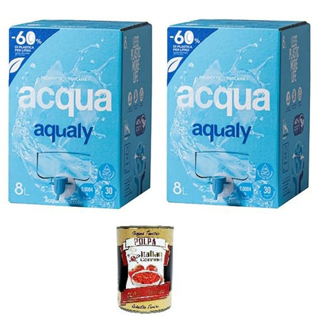 AQUALY Acqua Naturale in BOx da 8lt con erogatore Natürliches Wasser in 2x 8-Liter-Box mit Spender Original italienisch inkl. Italian Gourmet Polpa 400g
