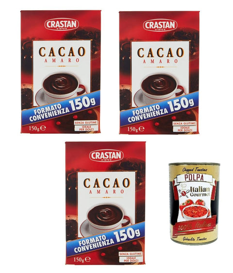 Italian Gourmet E.R. Kakao & Heiße Schokolade Crastan, cacao in polvere, Kakaopulver, Ideal für süß und cakes, gluten free 3x 150g + Italian Gourmet polpa 400g 8032804040014