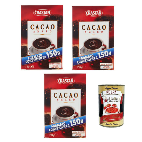 Crastan cacao in polvere, Kakaopulver, Ideal für süß und cakes, gluten free 3x 150g inkl. Italian Gourmet polpa 400g Original italienisch